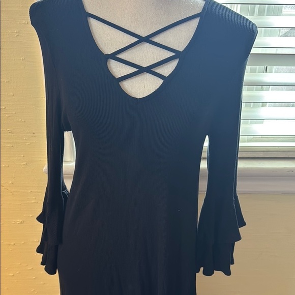 Black Lace Up Ruffle Bell Sleeve Mini​ Dress - Picture 6 of 7